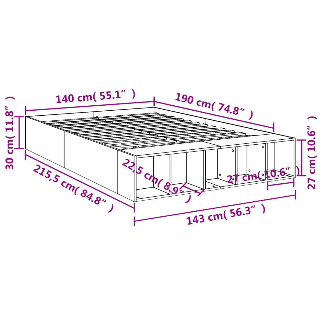 Estrutura de cama 140x190 cm derivados de madeira cinza cimento