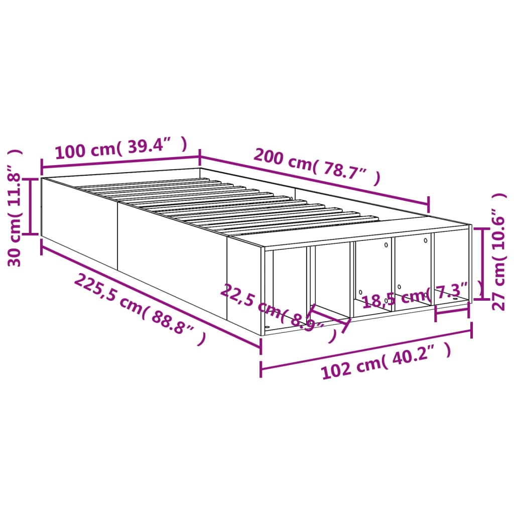 Estrutura de cama 100x200 cm derivados de madeira cinza sonoma