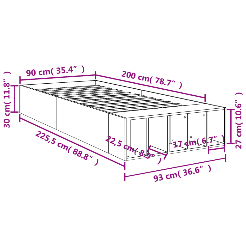 Estrutura cama 90x200 cm derivados de madeira cinzento sonoma