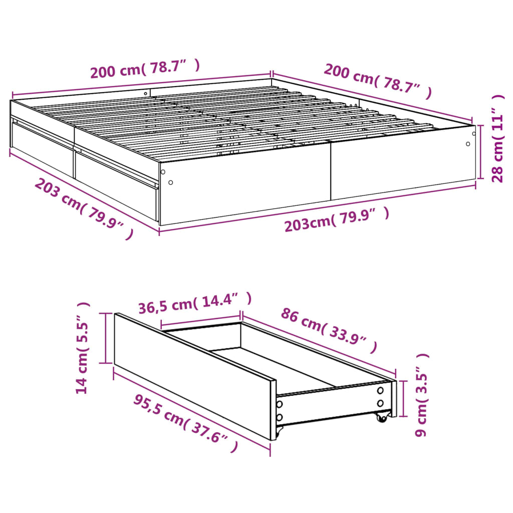 Estrutura de cama c/ gavetas 200x200 cm derivados madeira preto