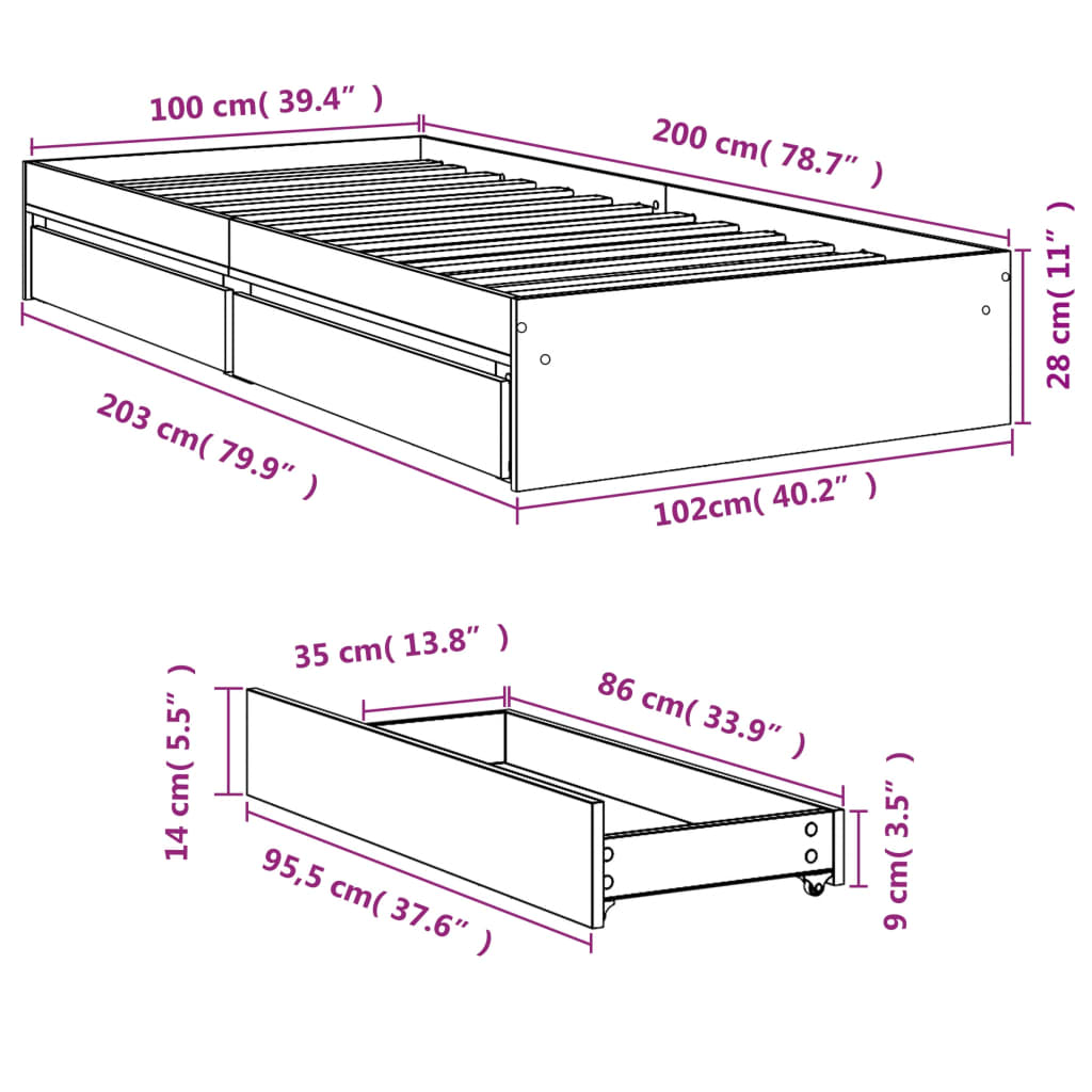 Estrutura de cama c/ gavetas 100x200 cm derivados madeira preto