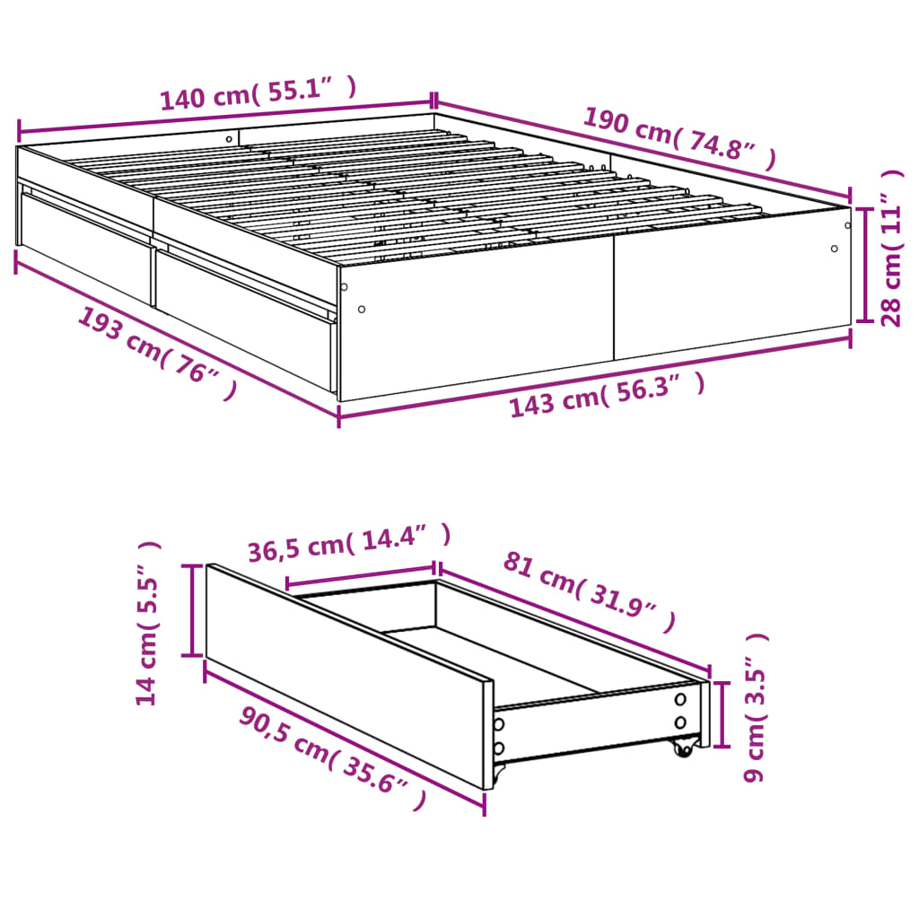 Estrutura de cama c/ gavetas 140x190cm derivados madeira branco