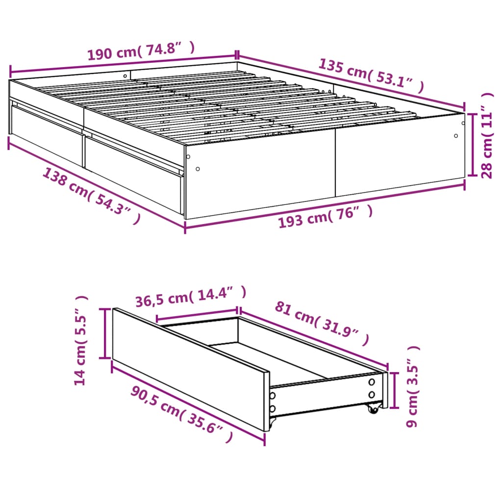 Estrutura de cama c/ gavetas 135x190 cm derivados madeira preto