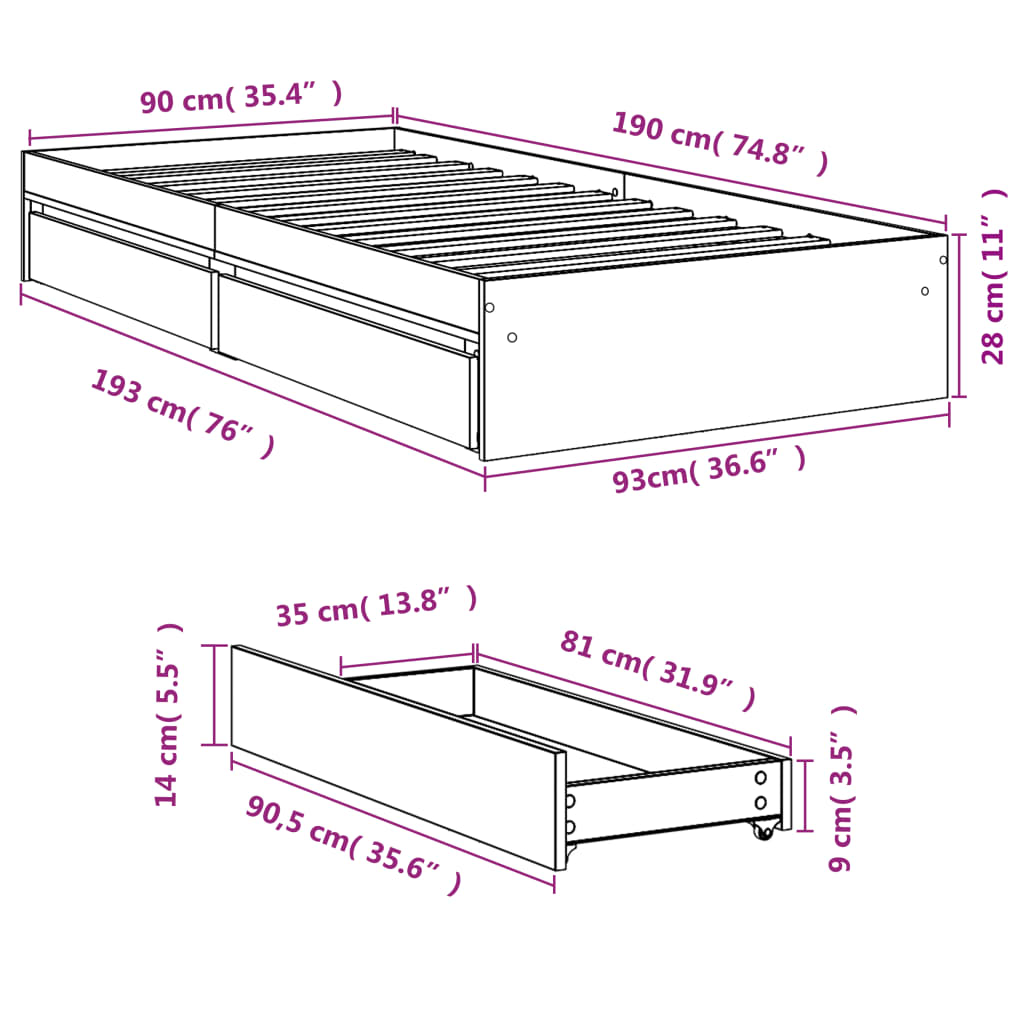 Estrutura cama c/ gavetas 90x190 cm derivados de madeira branco