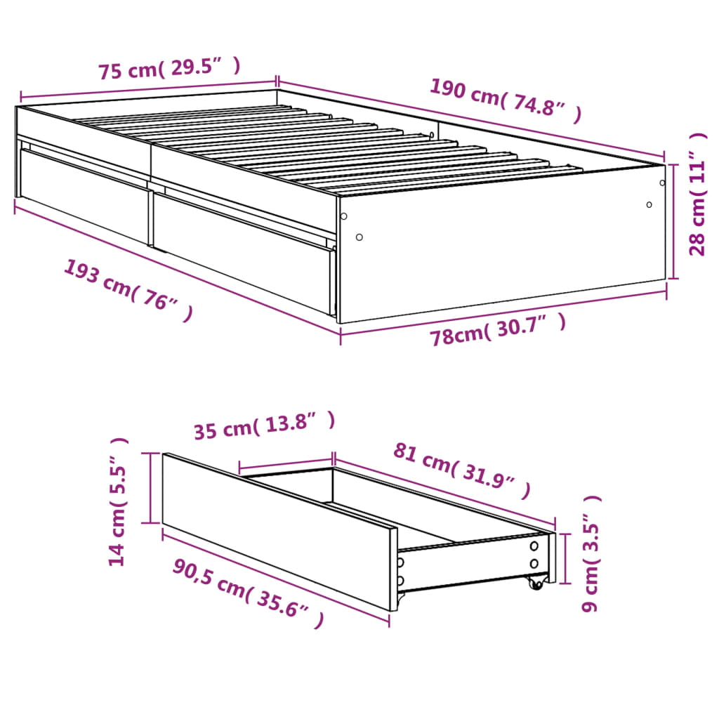 Estrutura cama c/ gavetas 75x190 cm derivados de madeira branco