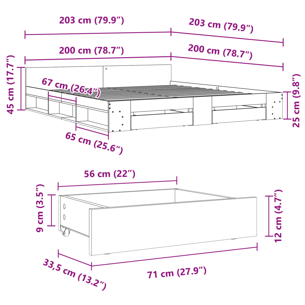 Estrutura de cama c/ gavetas 200x200 cm derivados madeira preto