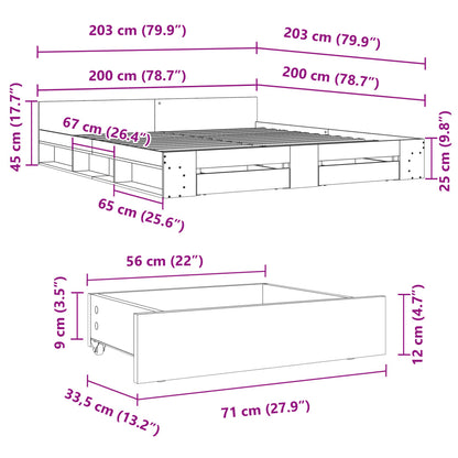 Estrutura de cama c/ gavetas 200x200 cm derivados madeira preto