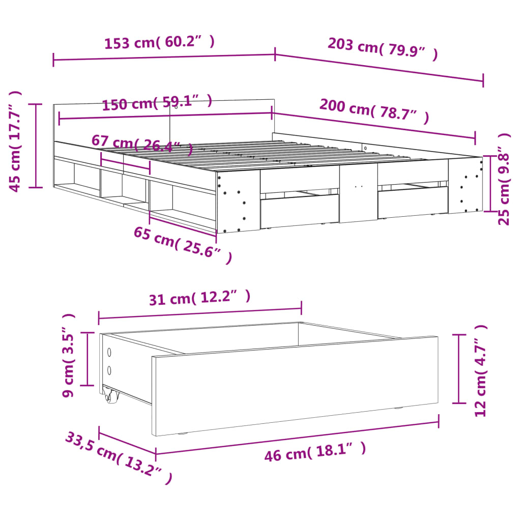 Estrutura de cama c/ gavetas 150x200cm derivados madeira branco