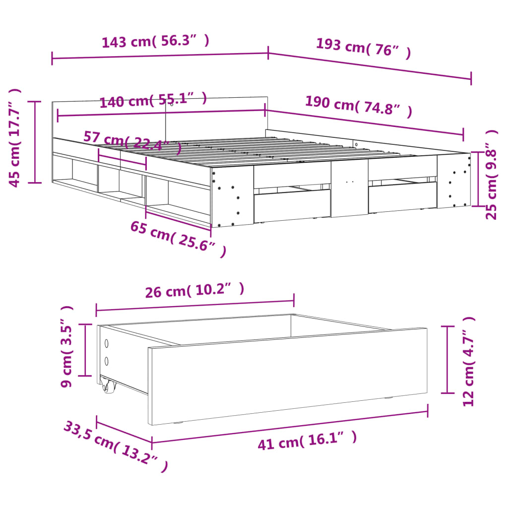 Estrutura de cama c/ gavetas 140x190cm derivados madeira branco