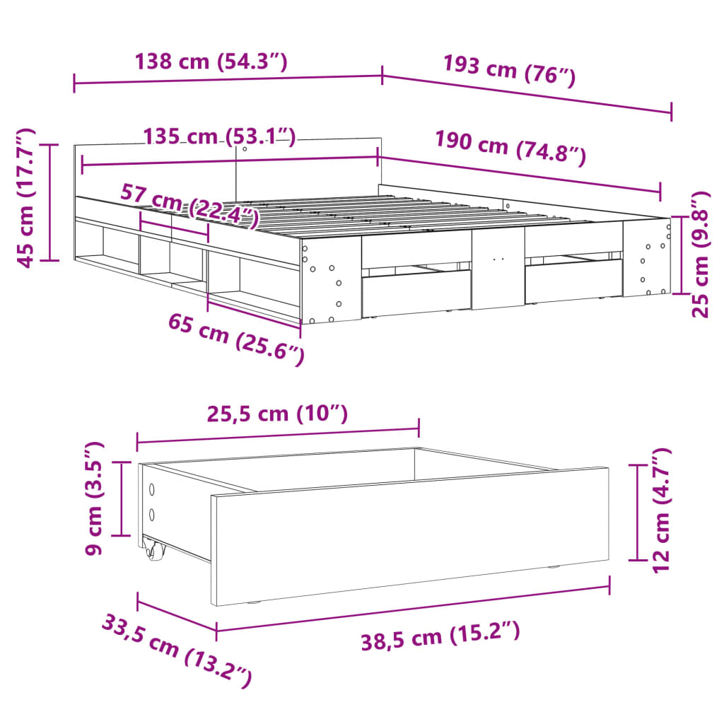 Estrutura de cama c/ gavetas 135x190cm derivados madeira branco