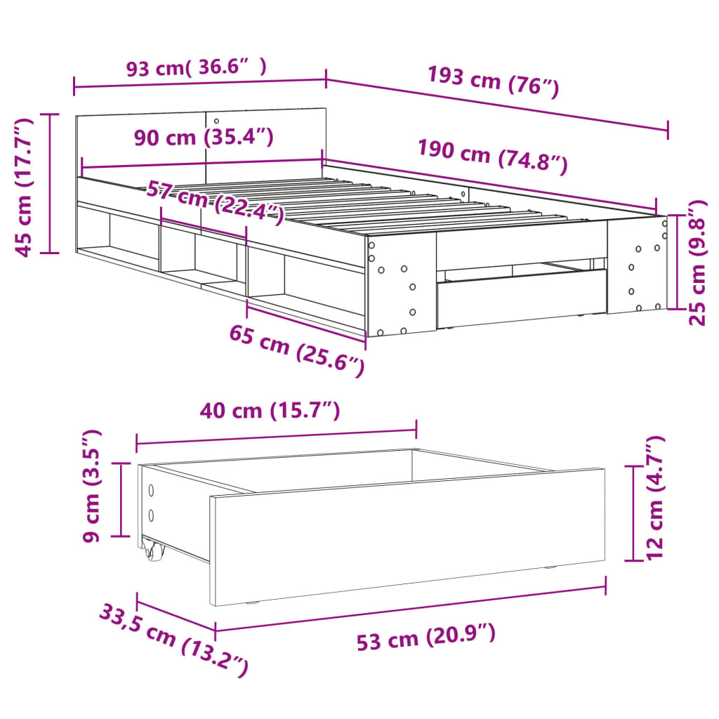 Estrutura cama c/ gaveta 90x190 cm derivados de madeira branco