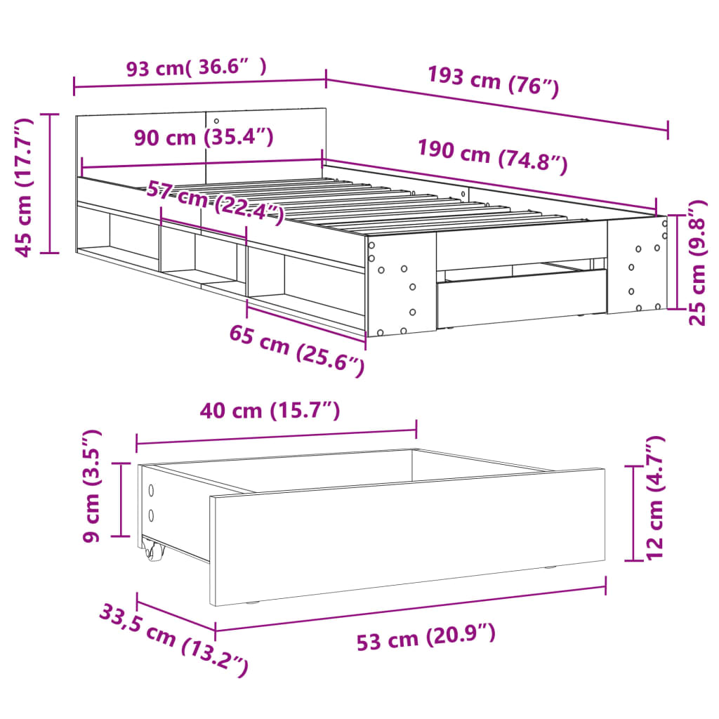 Estrutura cama c/ gaveta 90x190 cm derivados de madeira preto