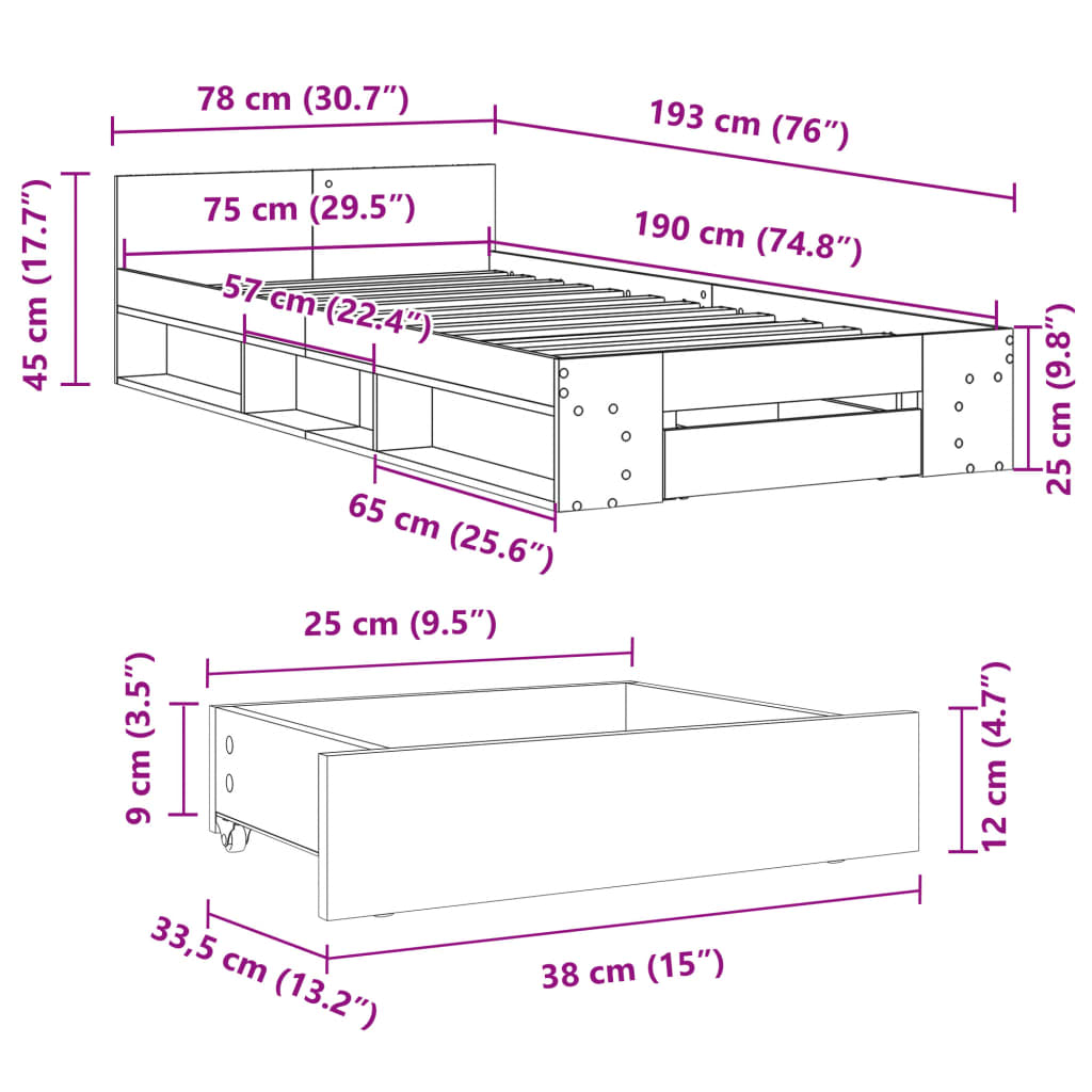 Estrutura cama c/ gaveta 75x190 cm derivados de madeira branco