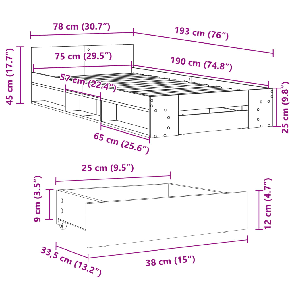 Estrutura de cama c/ gaveta derivados madeira cinzento cimento