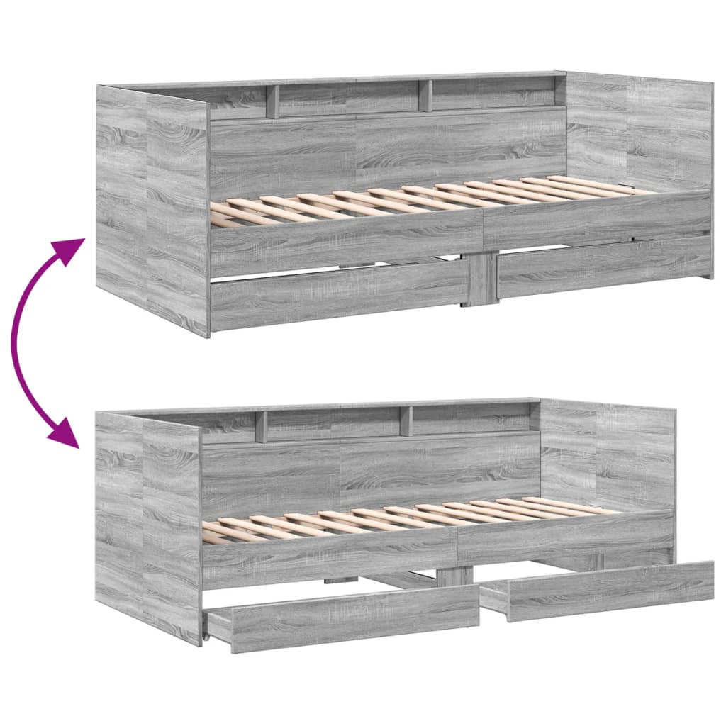 Sofá-cama com gavetas derivados de madeira cinzento sonoma