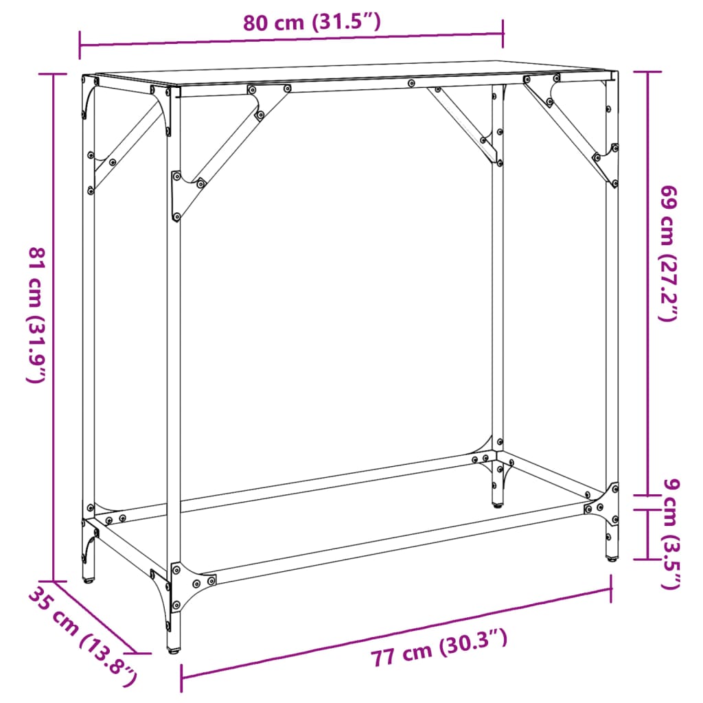 Mesa consola com tampo em vidro transparente 80x35x81 cm aço