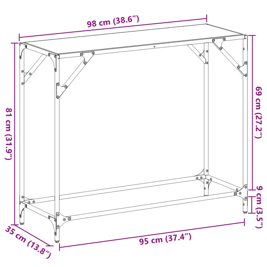 Mesa consola com tampo em vidro transparente 98x35x81 cm aço