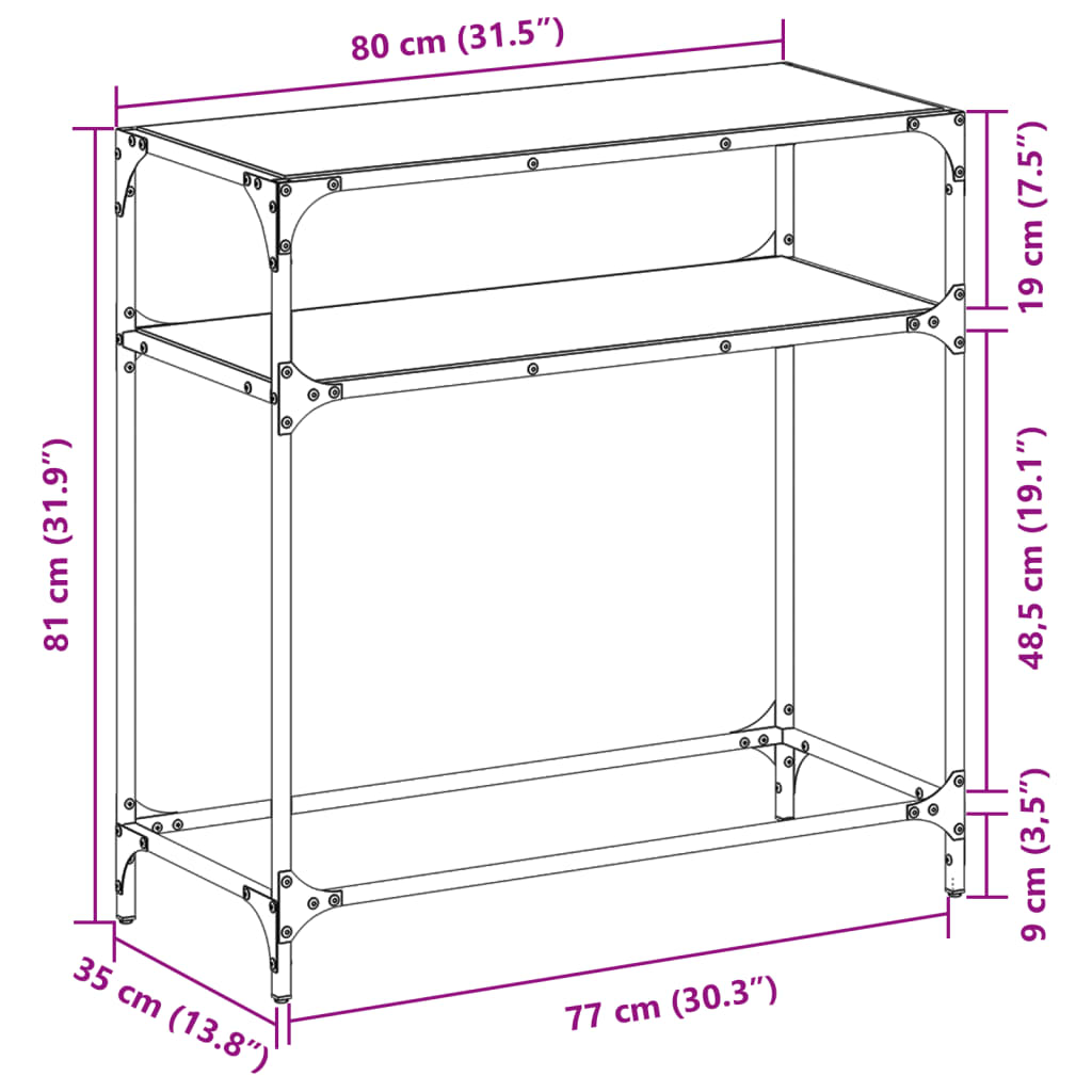 Mesa consola com tampo em vidro transparente 80x35x81 cm aço