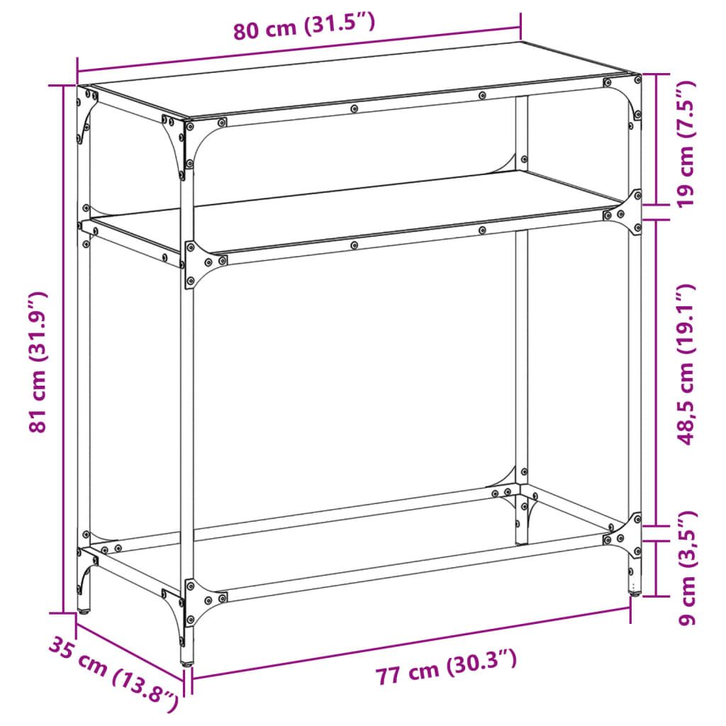 Mesa de centro com tampo em vidro preto 80x35x81 cm aço