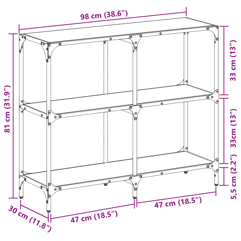 Mesa consola com tampo em vidro transparente 98x30x81 cm aço