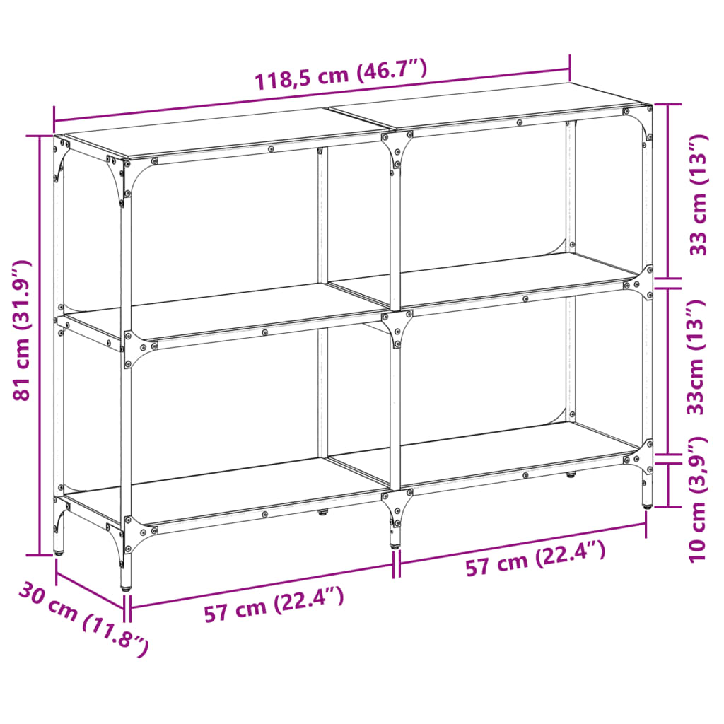 Mesa consola com tampo em vidro preto 118,5x30x81 cm aço