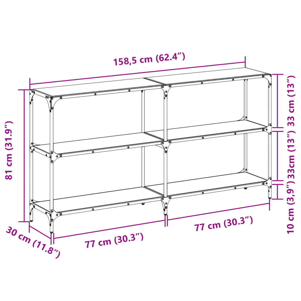 Mesa consola com tampo em vidro transparente 158,5x30x81 cm aço