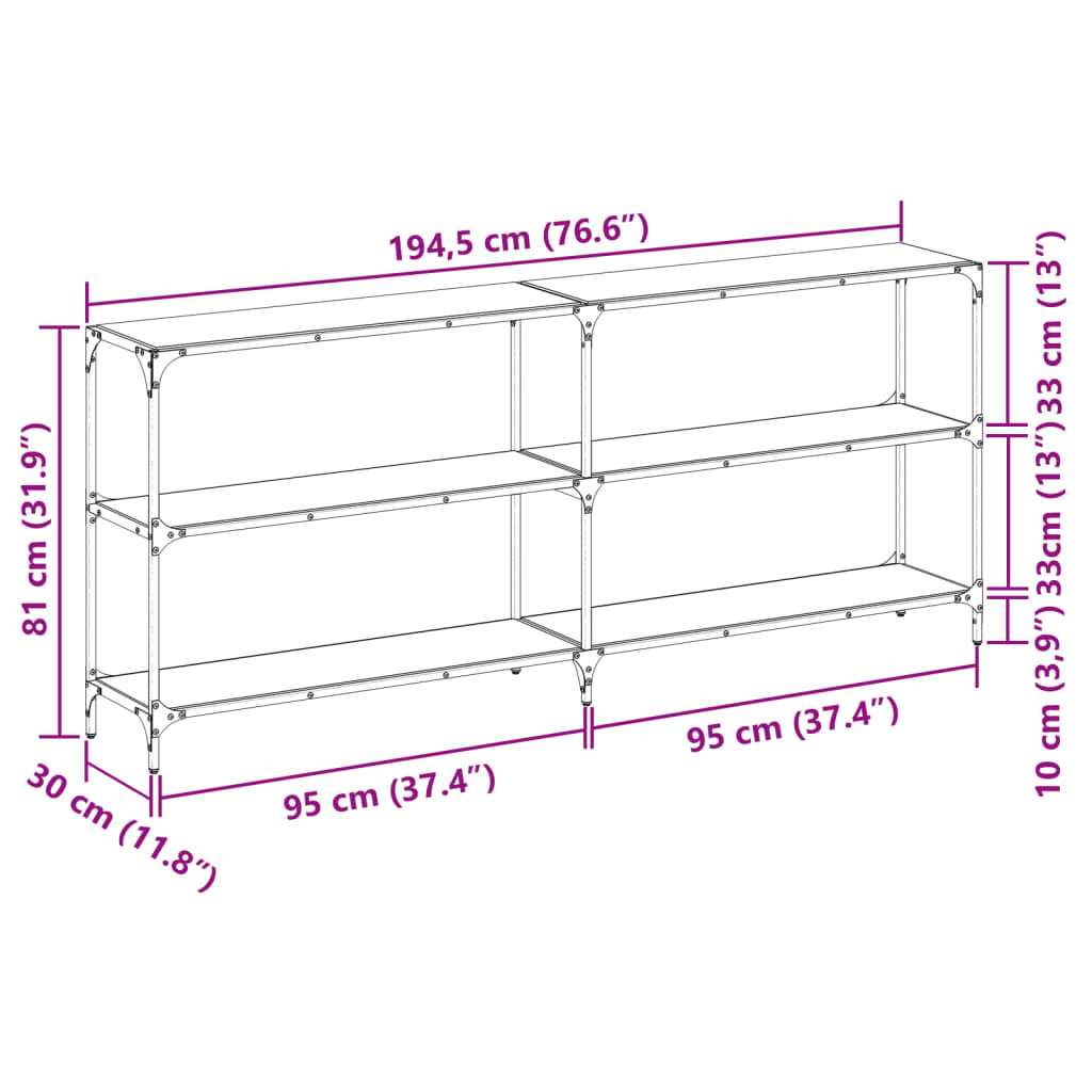 Mesa consola com tampo em vidro preto 194,5x30x81 cm aço