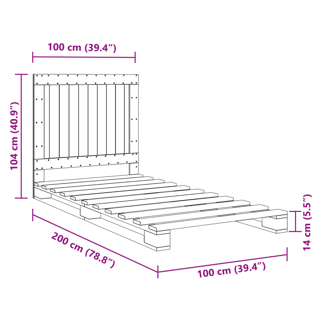 Estrutura de cama com cabeceira 100x200cm pinho maciço