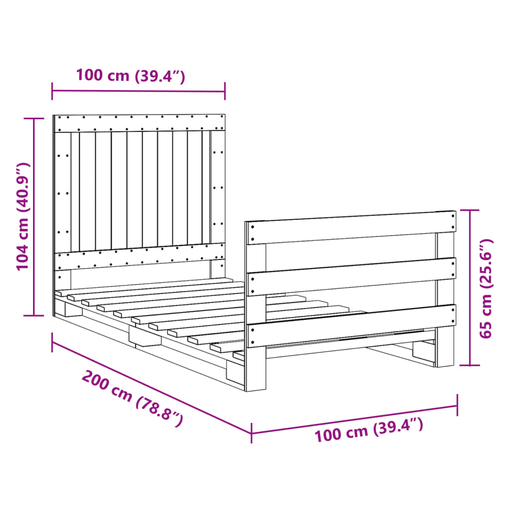 Estrutura de cama com cabeceira 100x200cm pinho maciço