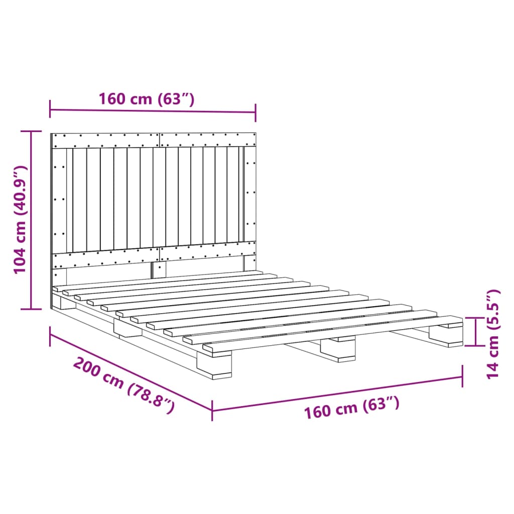 Estrutura de cama com cabeceira 160x200cm pinho maciço cinzento