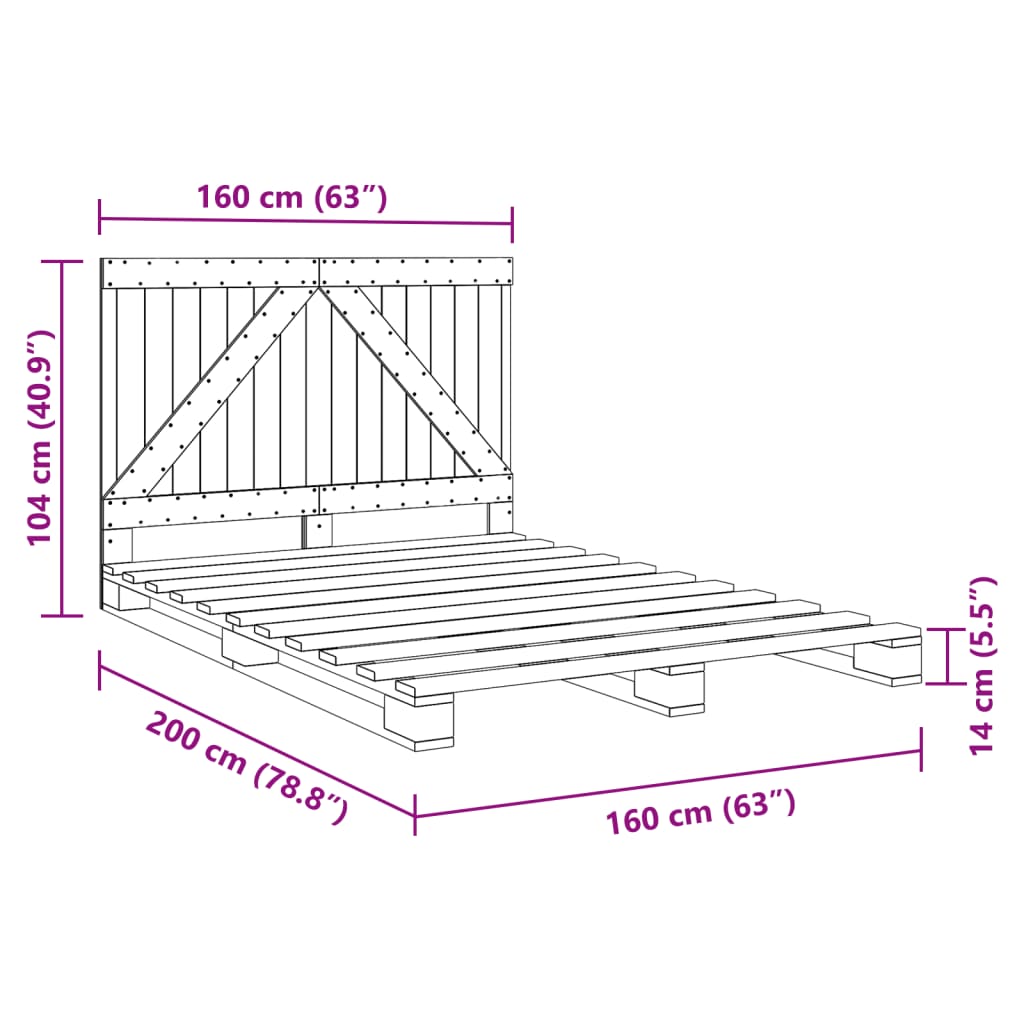 Estrutura de cama com cabeceira 160x200 cm pinho maciço