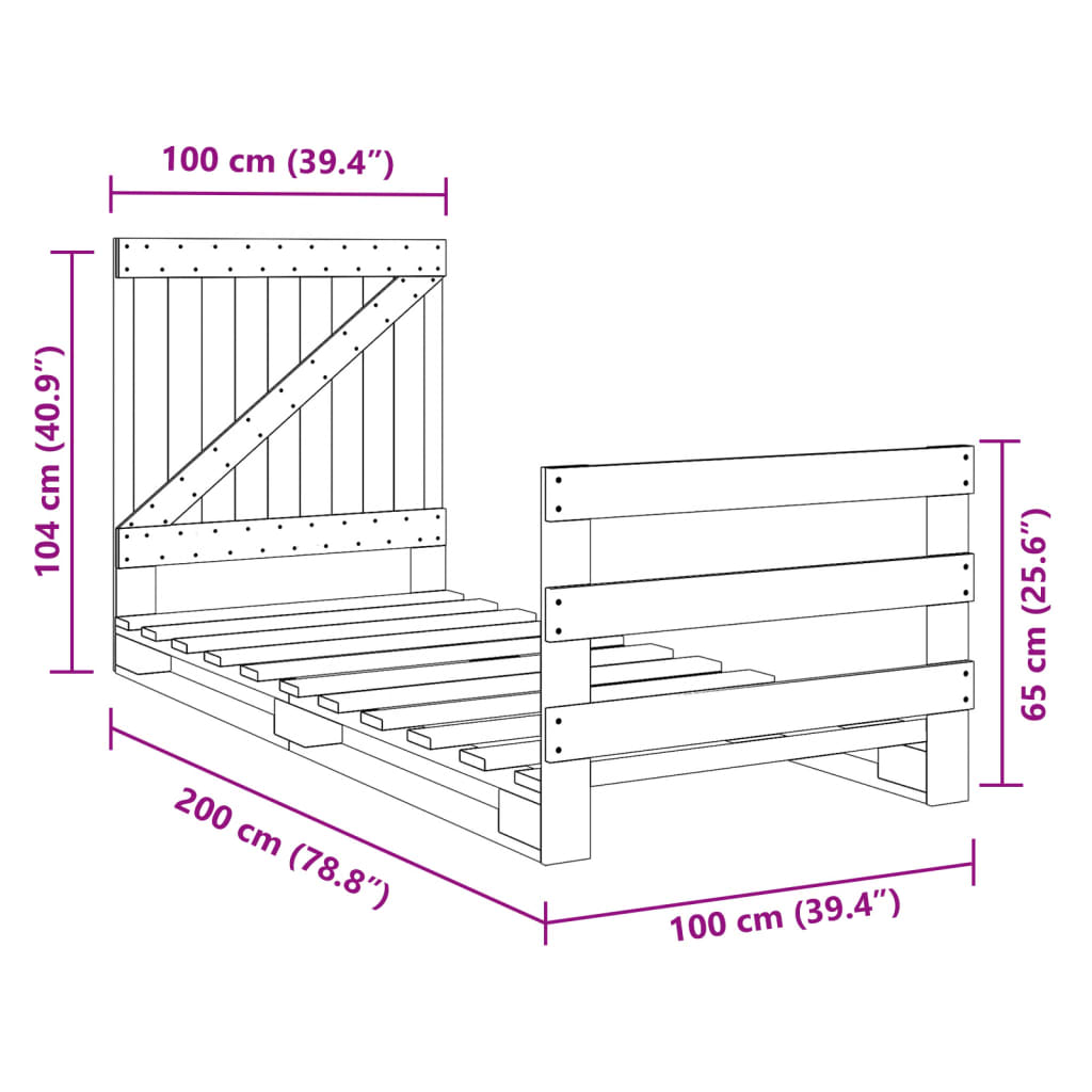 Estrutura de cama com cabeceira 100x200cm pinho maciço