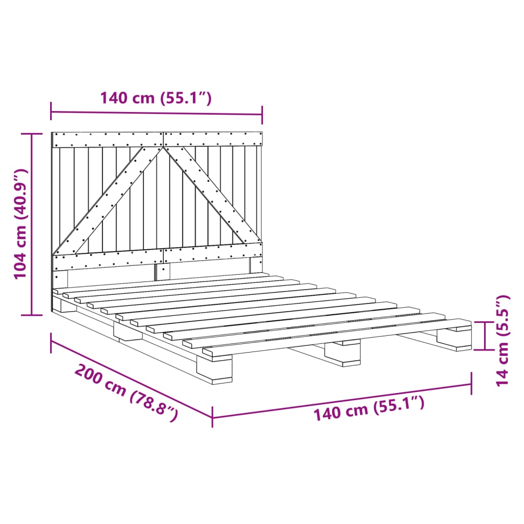 Estrutura de cama com cabeceira 140x200 cm pinho maciço cinza