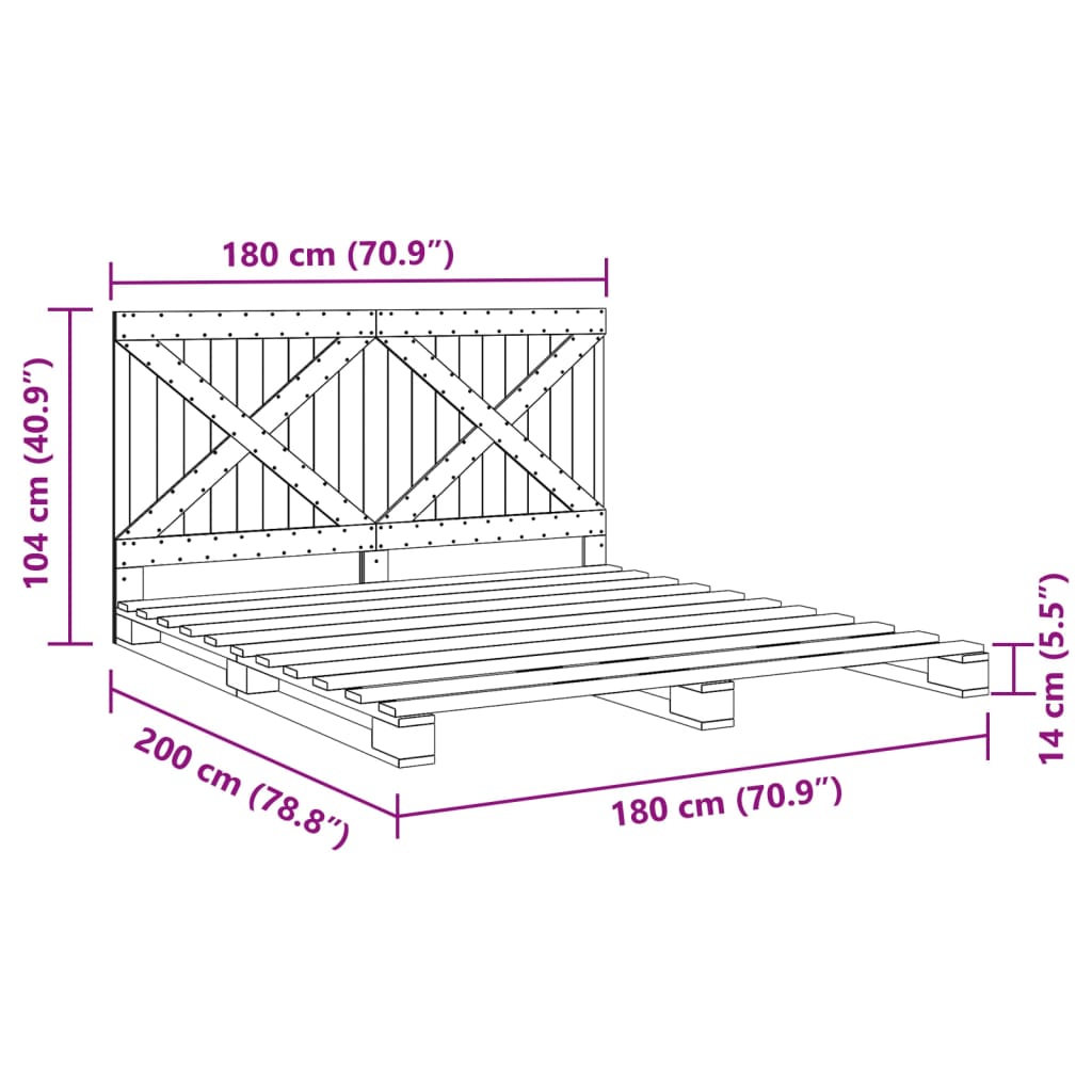 Estrutura de cama c/ cabeceira 180x200 cm pinho maciço cinzento