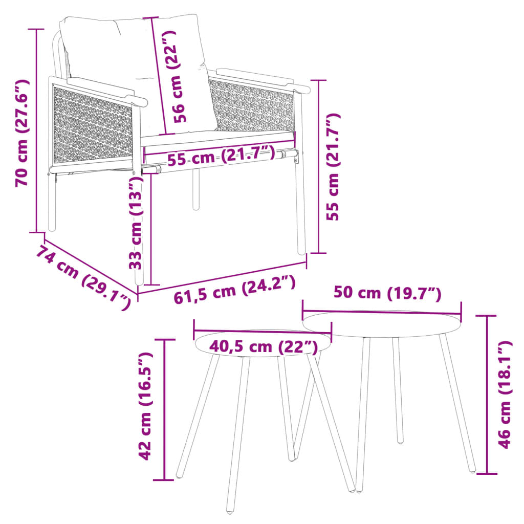 4 pcs conjunto mobiliário de varanda com almofadões aço preto