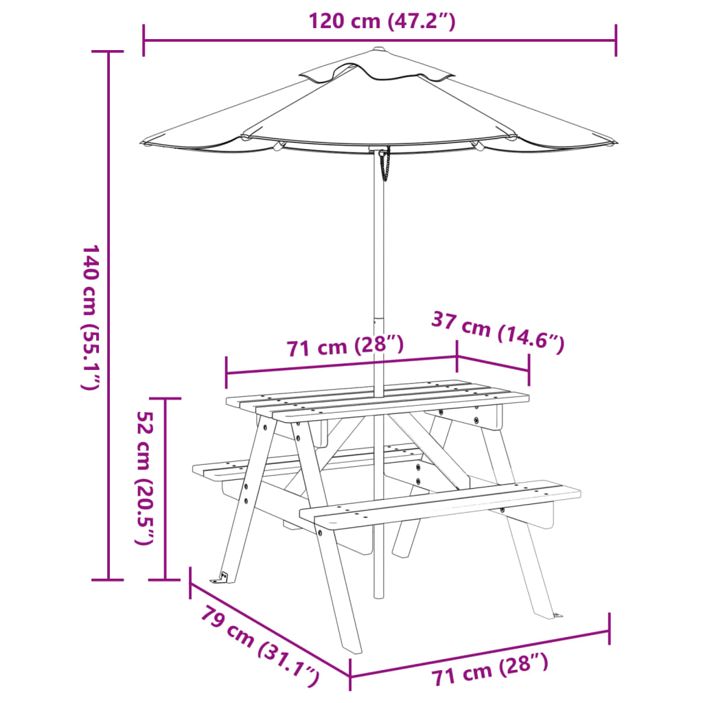 Mesa de piquenique para 4 crianças com guarda-sol abeto maciço