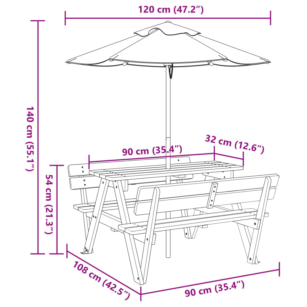 Mesa de piquenique para 4 crianças com guarda-sol abeto maciço