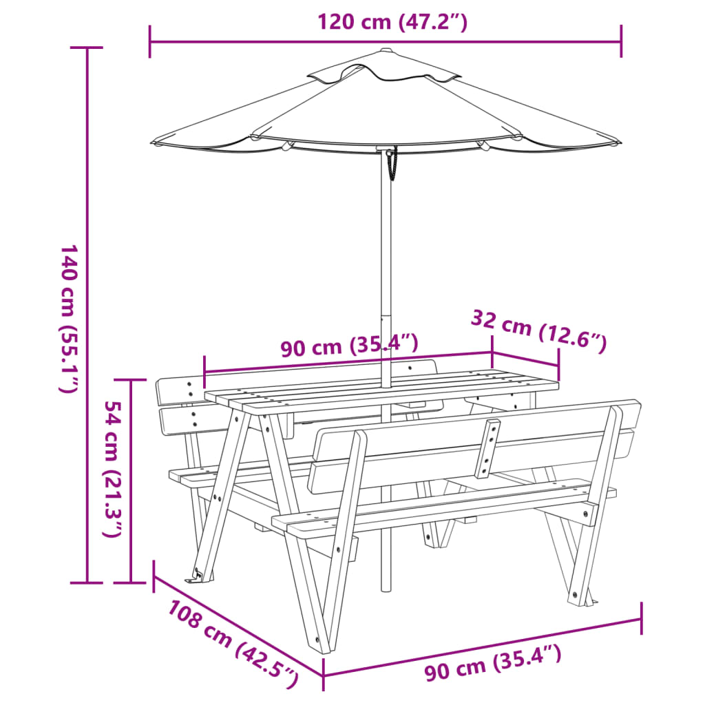 Mesa de piquenique para 4 crianças com guarda-sol abeto maciço