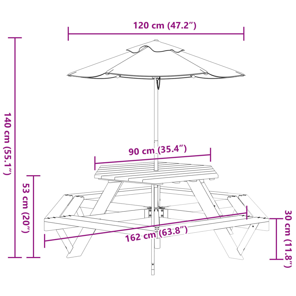 Mesa de piquenique para 6 crianças com guarda-sol abeto maciço