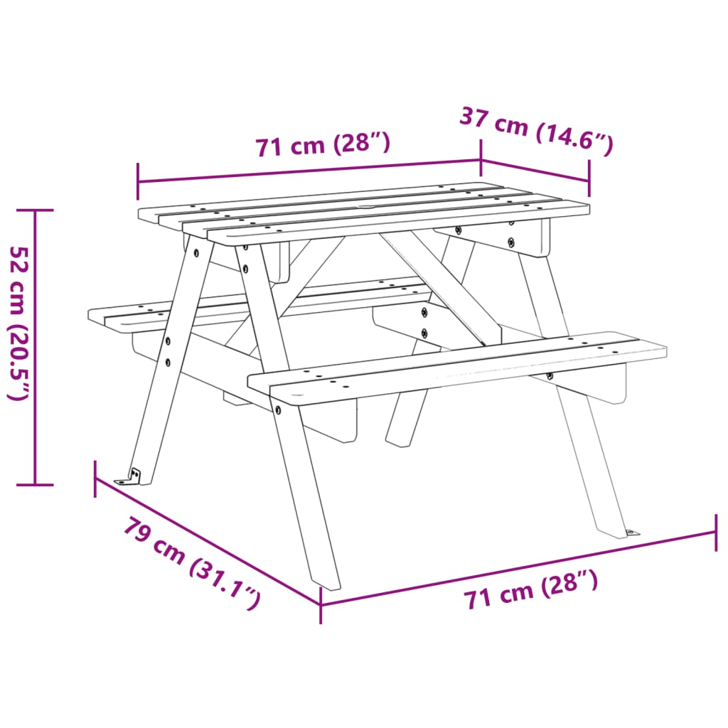 Mesa piquenique 4 crianças c/ orifício guarda-sol abeto maciço