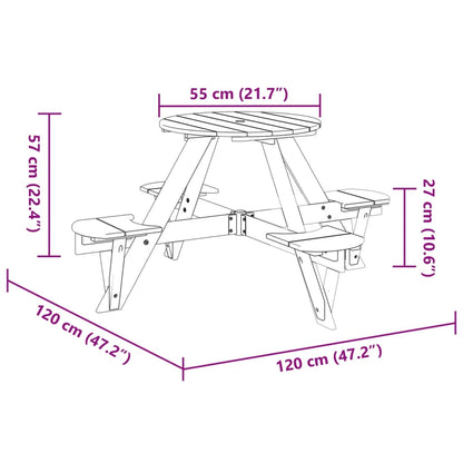 Mesa piquenique redonda p/ 4 crianças madeira de abeto maciça