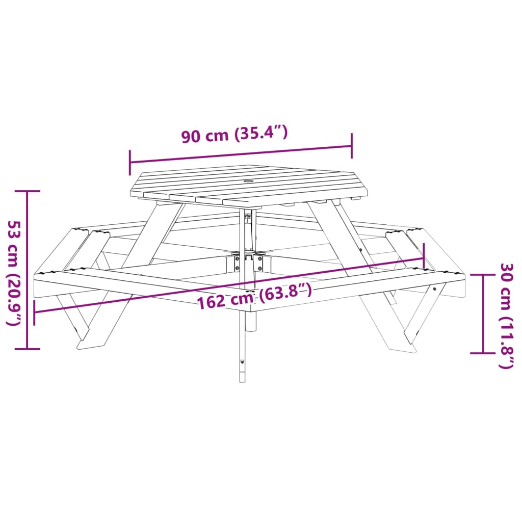 Mesa piquenique hexagonal p/ 6 crianças c/ bancos abeto maciço