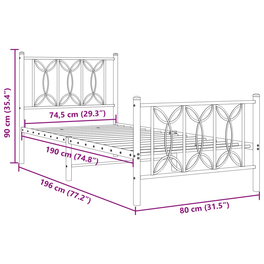 Estrutura de cama com cabeceira e pés 75x190 cm metal preto