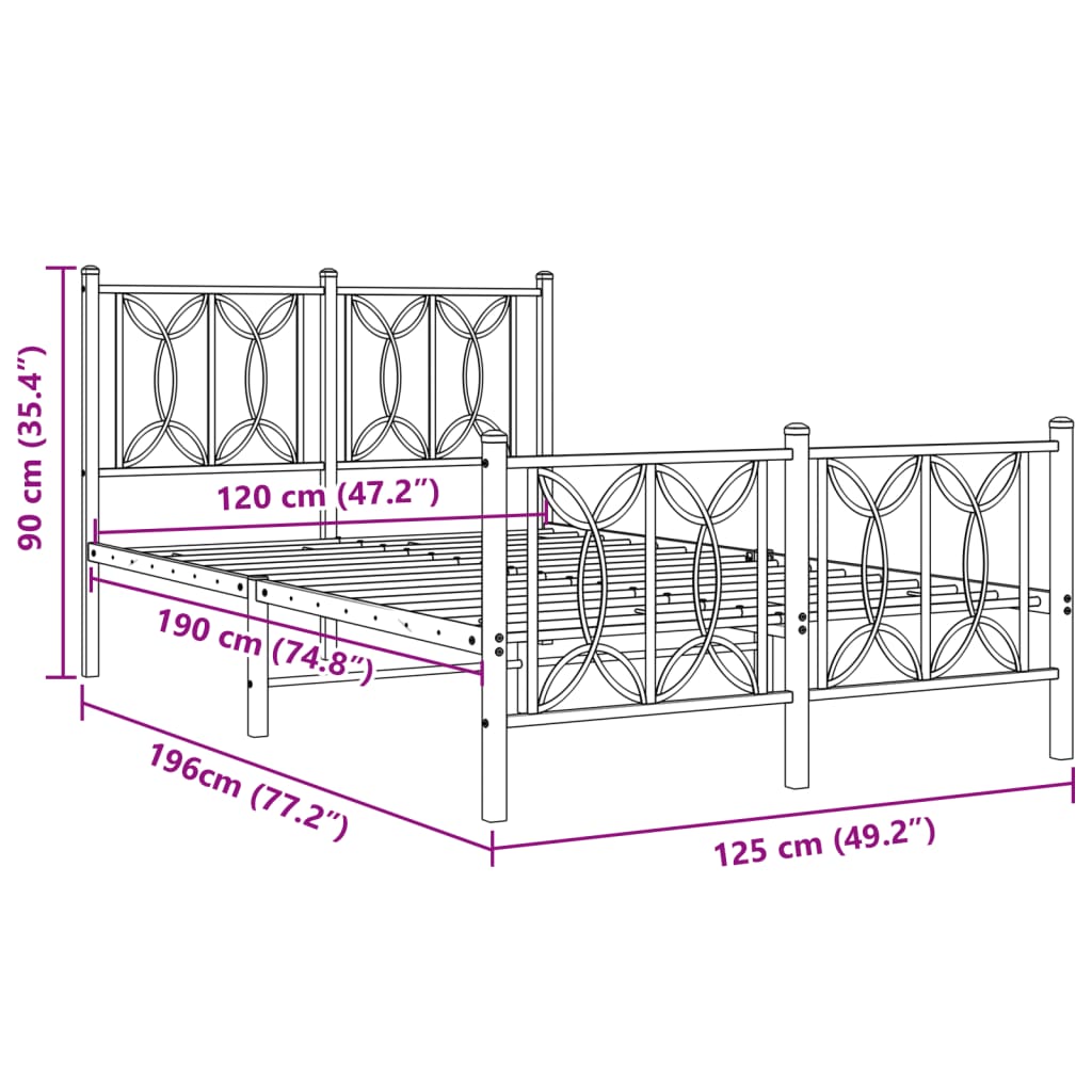 Estrutura de cama com cabeceira e pés 120x190 cm metal preto