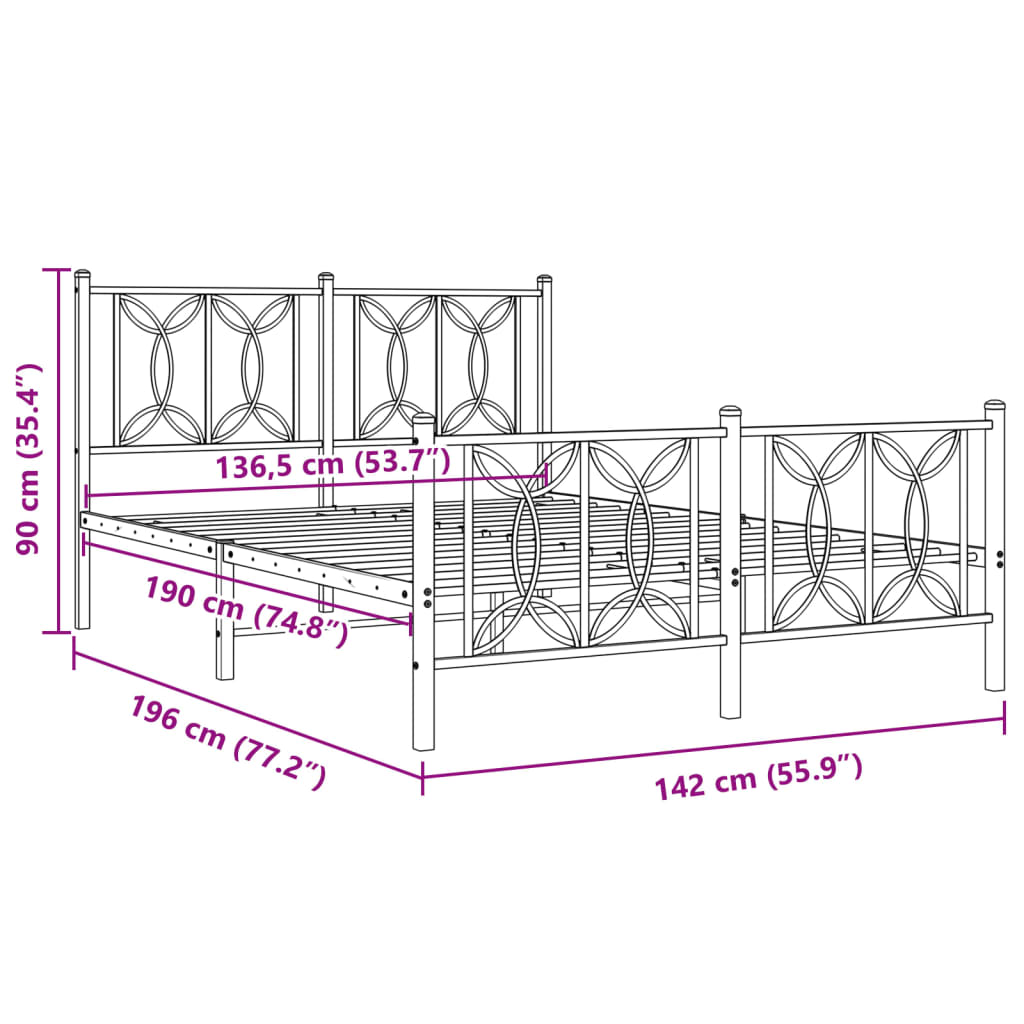 Estrutura de cama com cabeceira e pés 135x190 cm metal preto