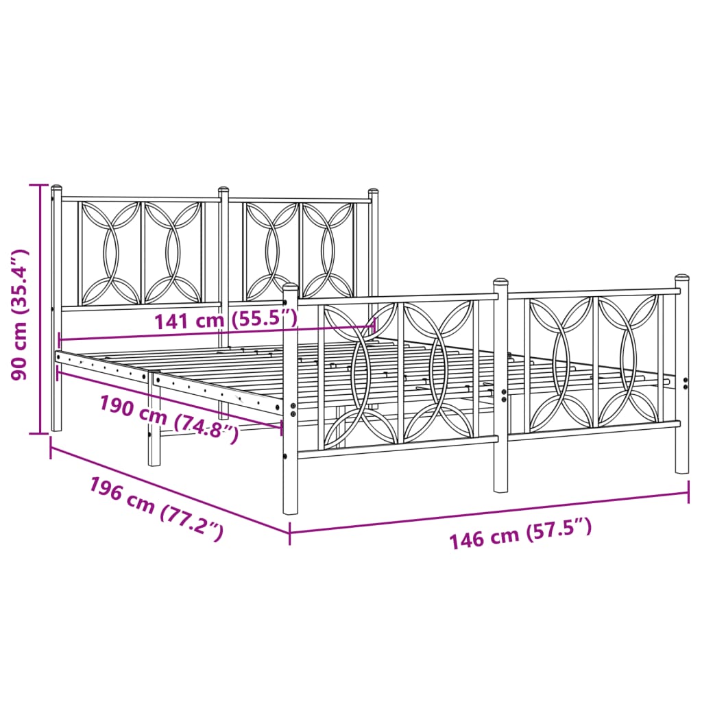 Estrutura de cama com cabeceira e pés 140x190 cm metal preto