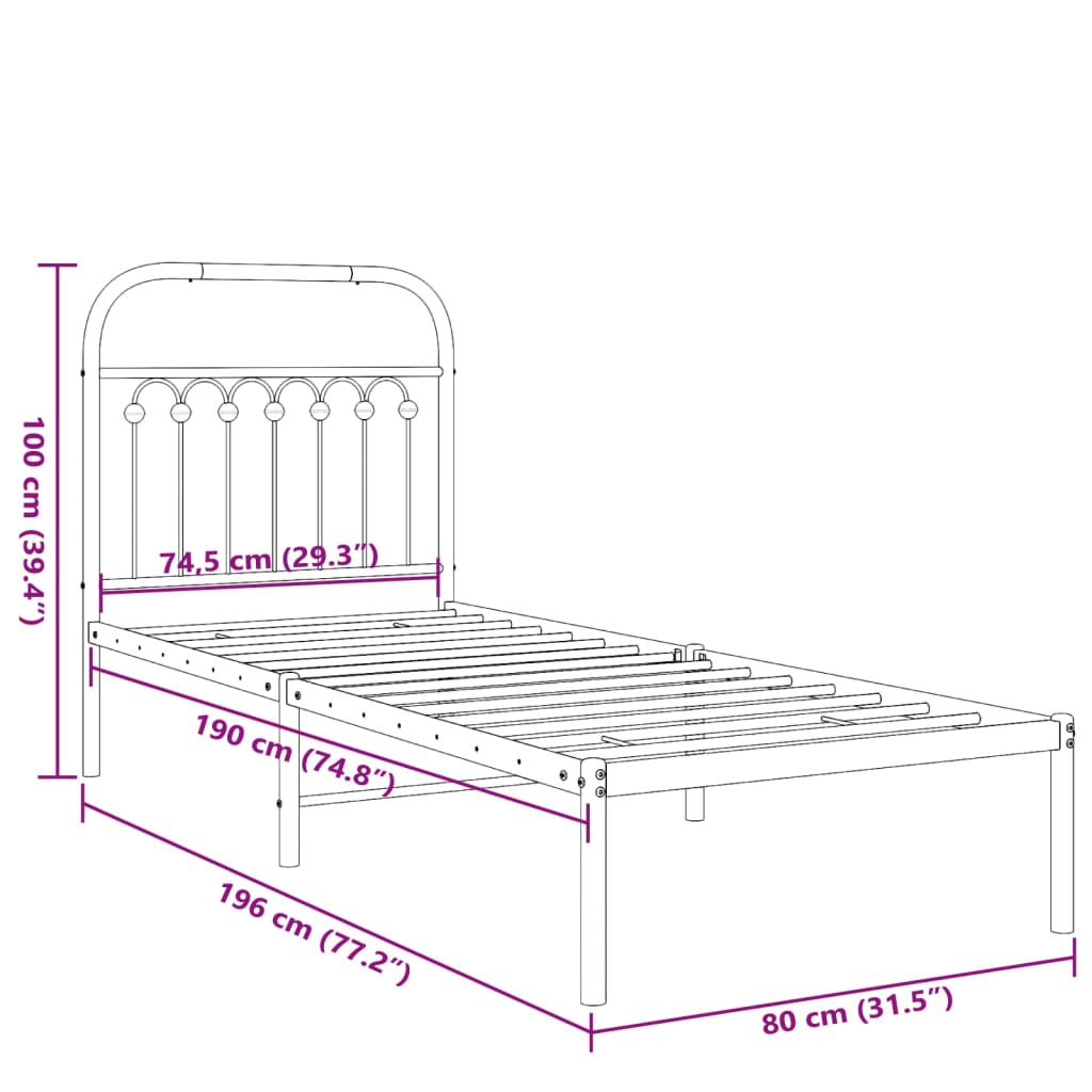 Estrutura de cama com cabeceira 75x190 cm metal preto