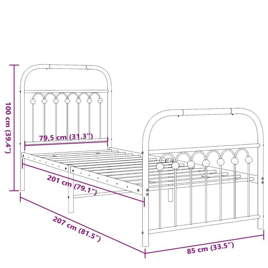 Estrutura de cama com cabeceira e pés 80x200 cm metal preto