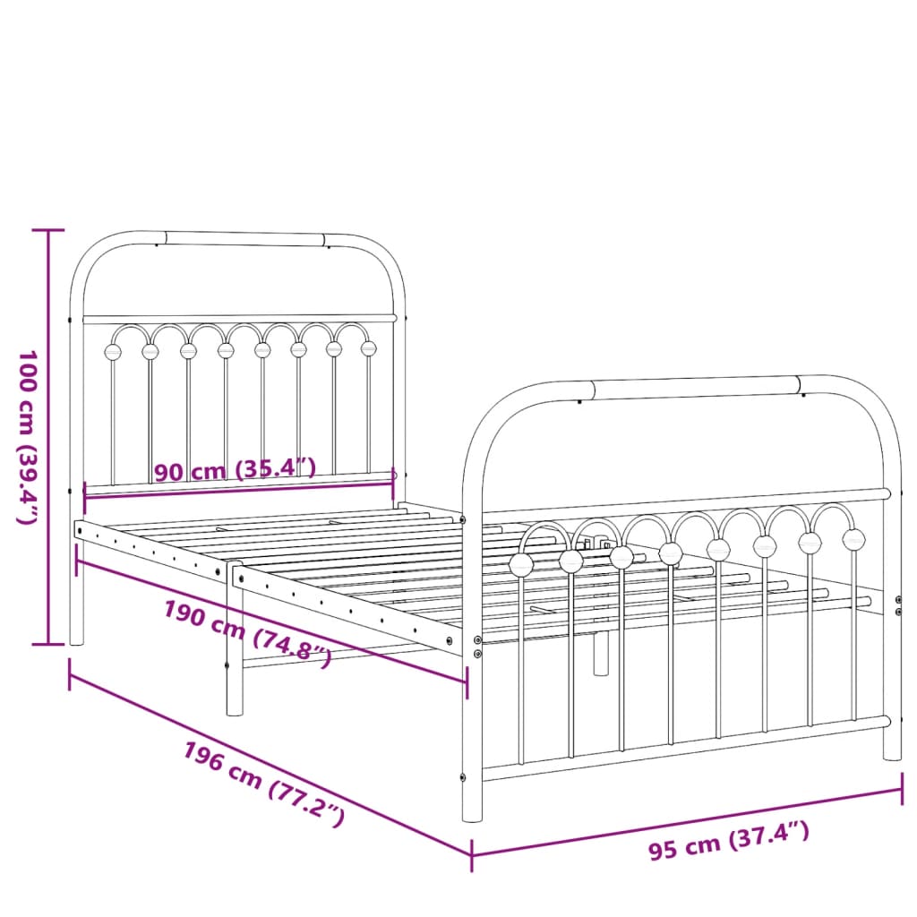 Estrutura de cama com cabeceira e pés 90x190 cm metal preto