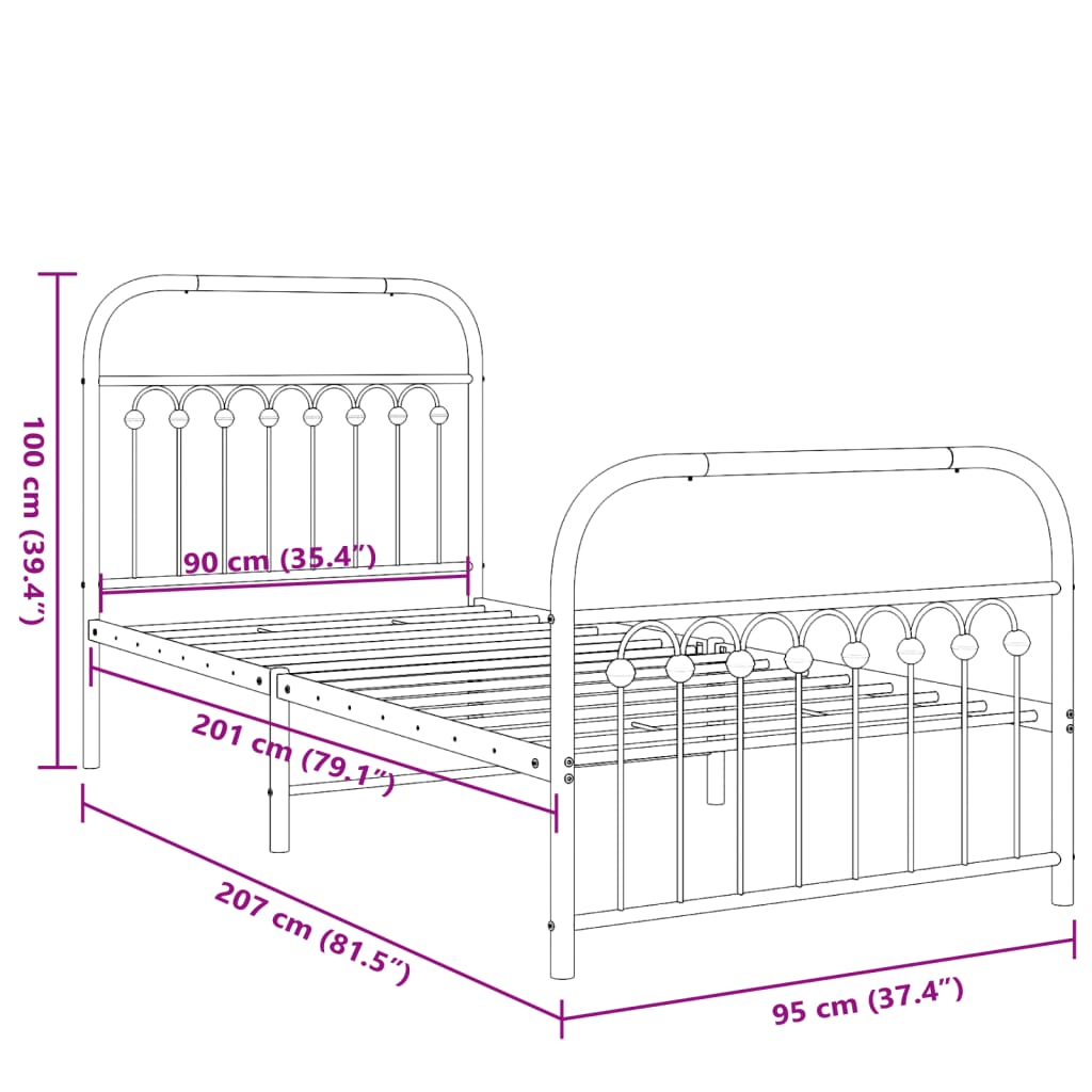 Estrutura de cama com cabeceira e pés 90x200 cm metal preto